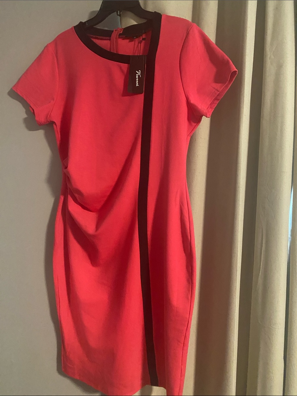Short-Sleeve Coral Midi Dress with Black Trim